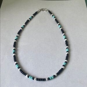 Handmade Beaded Necklace - Black, White, and Turquoise